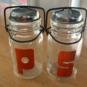 Vintage Wheaton Salt and Pepper shakers, big letters on glass, metal tops